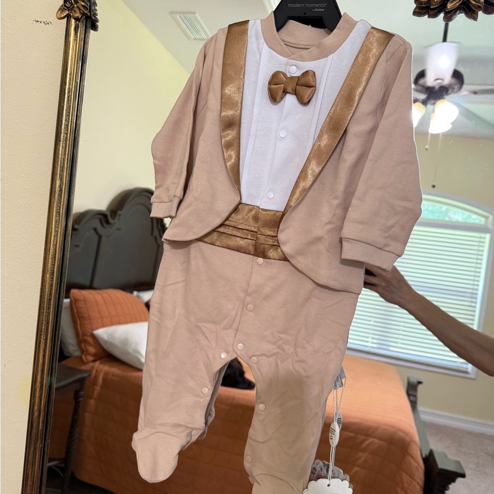 Elegant Tan Baby Tuxedo Onesie NWT